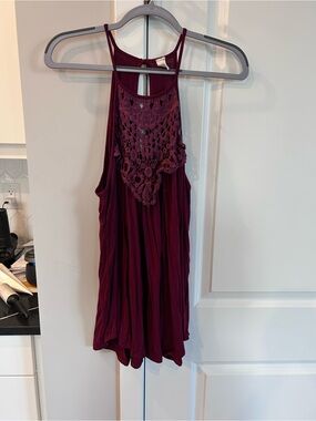 CY Fashion Deep Burgundy Crochet Front Tank Top Sleeveless Boho Feminine Chic